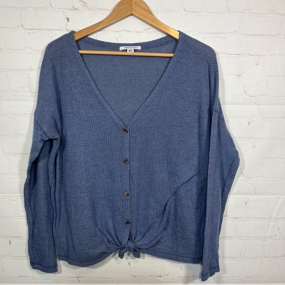 American Eagle Cardigan Knit Cropped Sweater Womens Medium Blue Tie Front